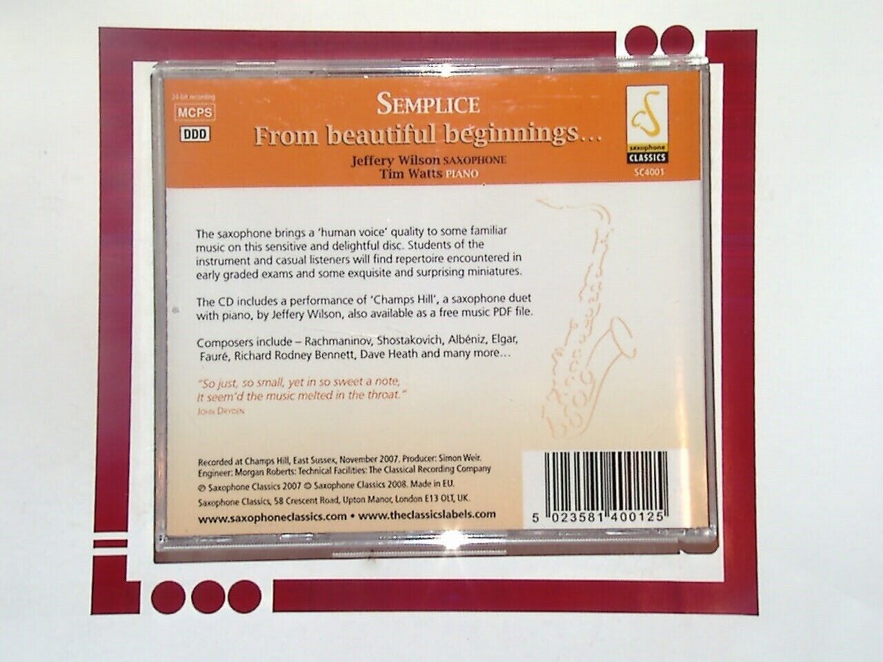Semplice: From Beautiful Beginnings.. For Saxophone Jeffery Wilson CD VGC