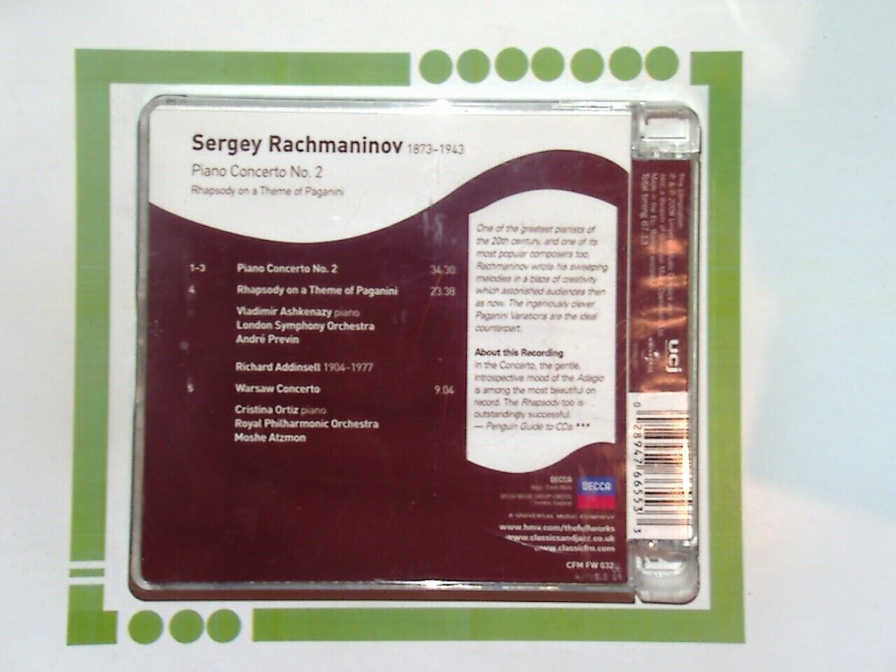 Rachmaninov: Piano Concerto No. 2/Rhapsody On A Theme Of Paganini CD VGC