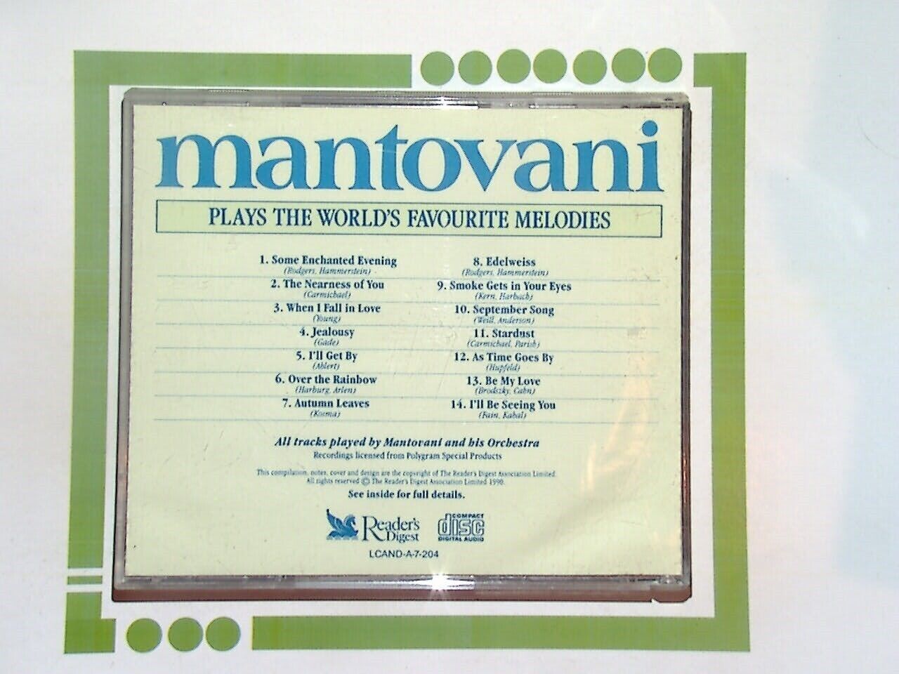 Reader's Digest Mantovani Plays The World's Favourite Melodies CD Mint