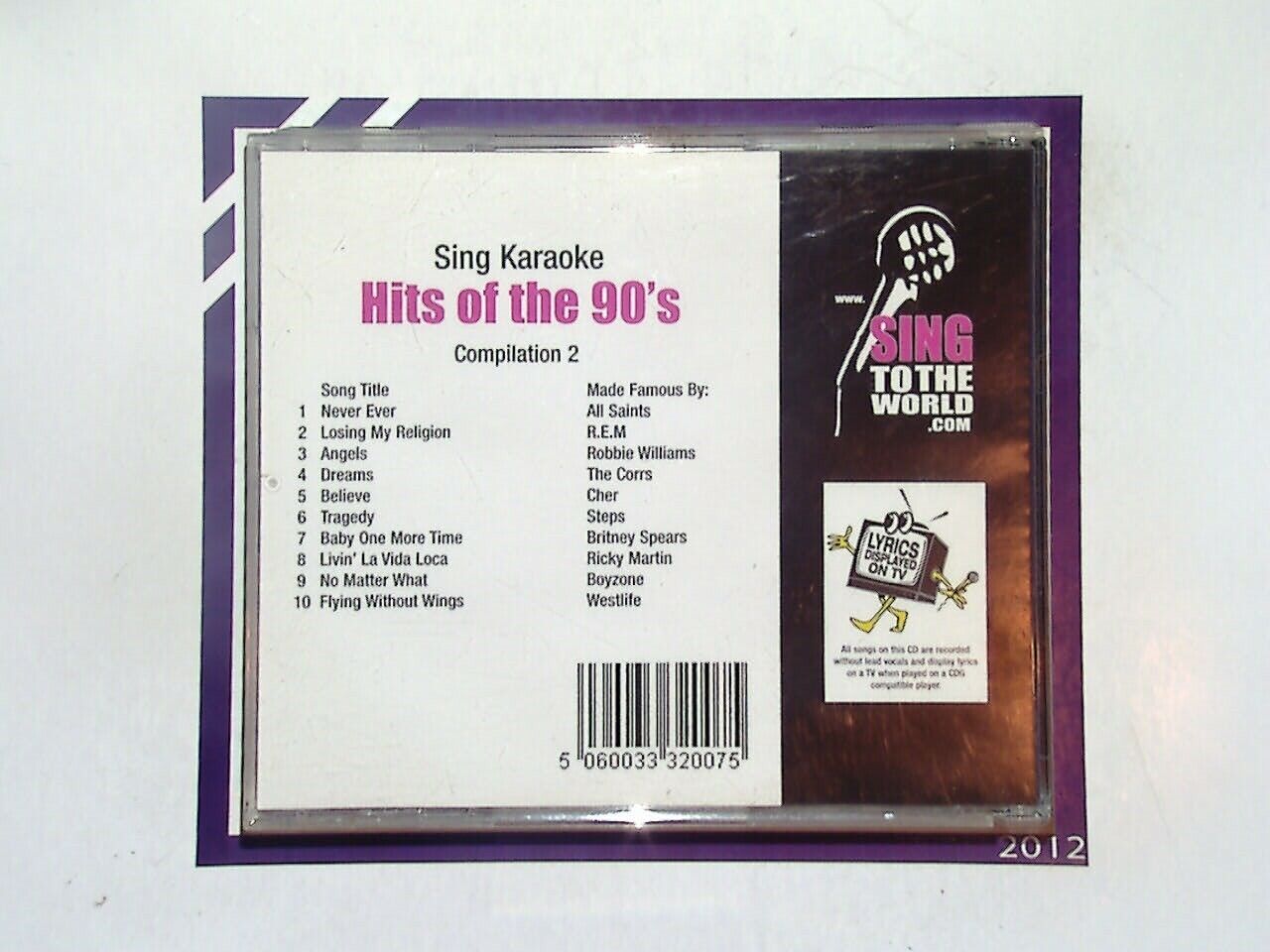 Sing To The World Karaoke - Karaoke Hits Of The 90s Vol 2 CD Nr Mint