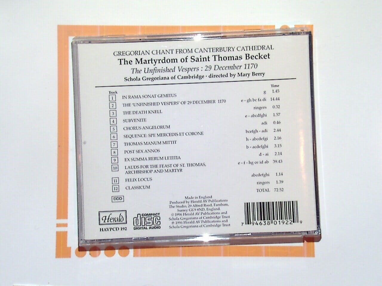 Schola Gregoriana of Cambridge The Martyrdom of St Thomas Becket CD Mint