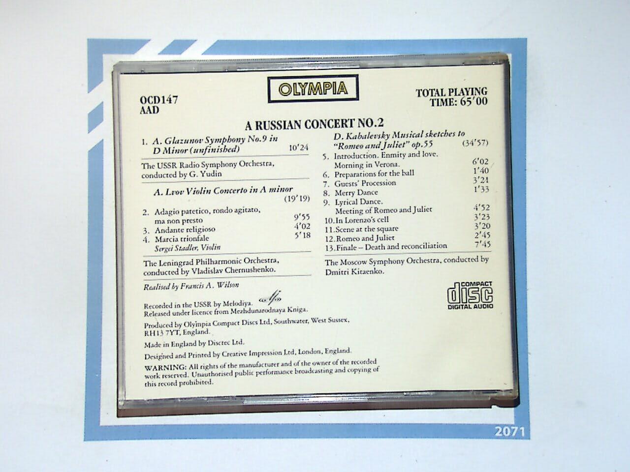 Olympia A Russian Concert No. 2 Glazunov Lvoy Kabalevsky CD Mint