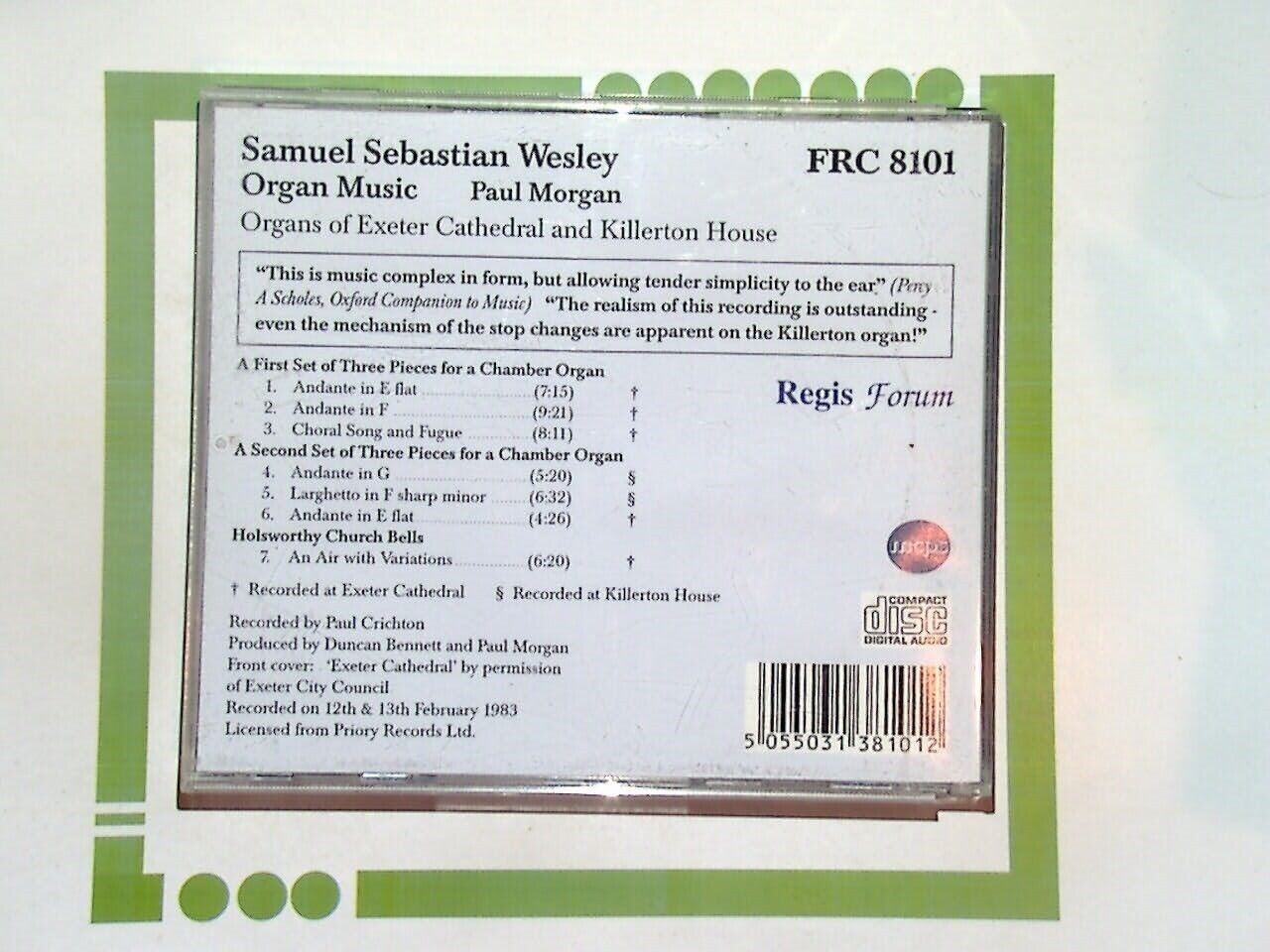 Paul Morgan Samuel Sebastian Wesley Organ Music Exeter Cath & Killerton H CD VGC