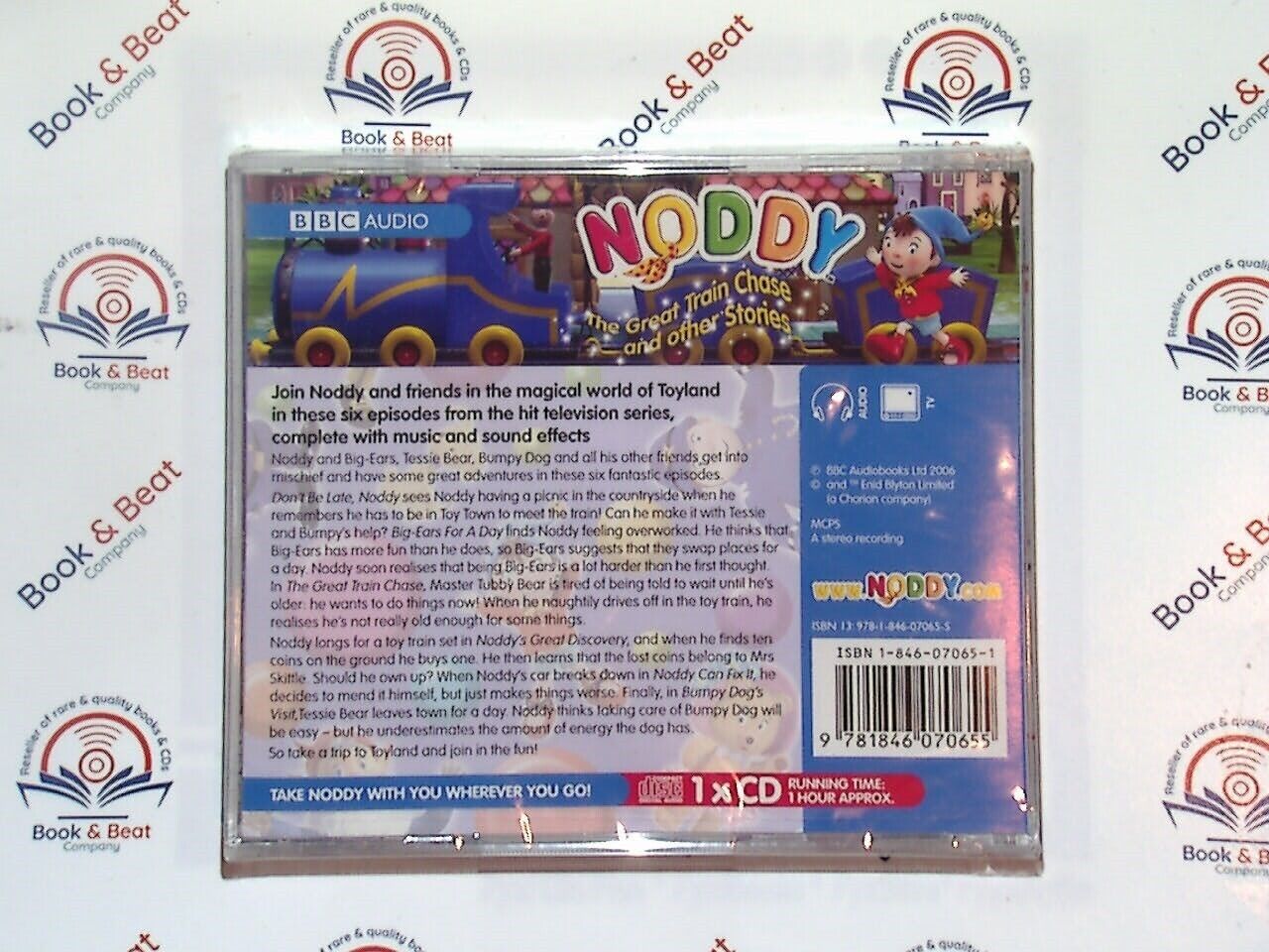 bookandbeat.com, Noddy, children's audio CD, The Great Train Chase, Enid Blyton, BBC Audio, classic children's stories, narrated tales, charming adventures, educational fun, friendship themes, playful storytelling, suitable for young listeners, Noddy character, Toyland setting, other included stories, colorful characters, imaginative world, lighthearted entertainment.