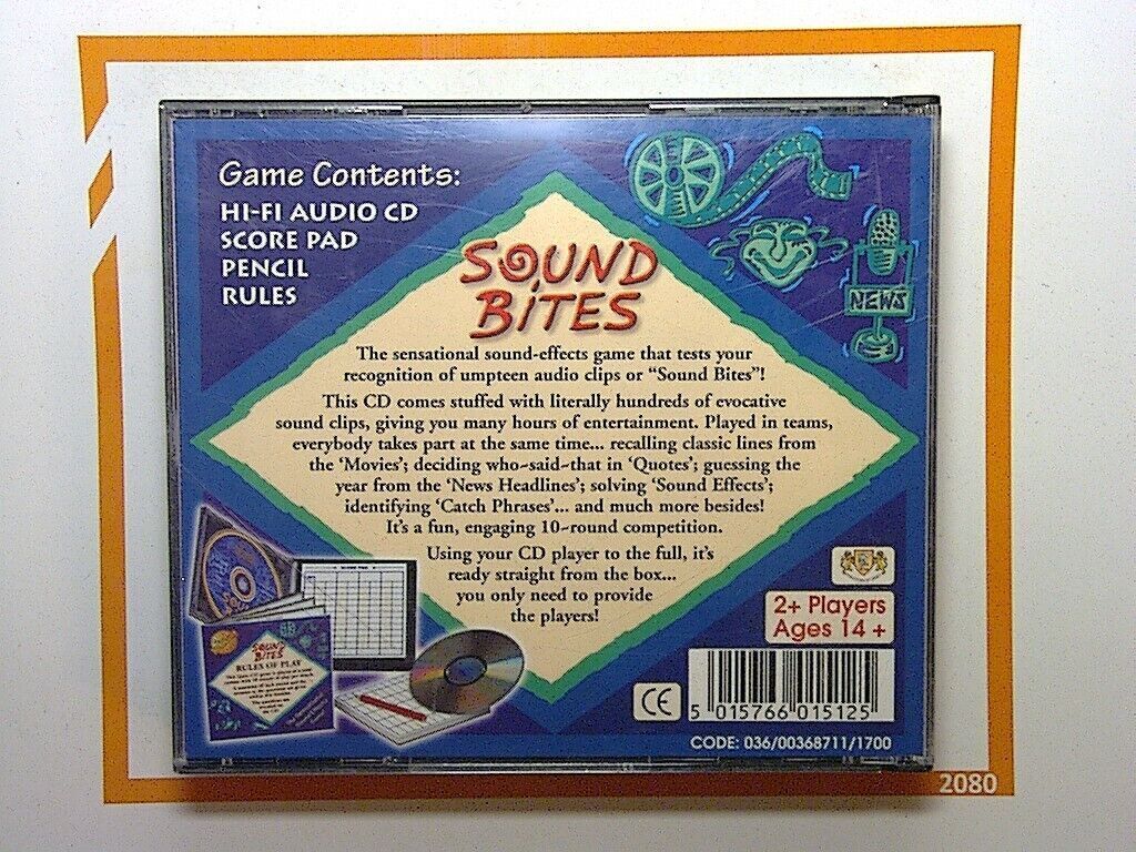 bookandbeat.com, CD, Sound Bites, Sound Effect CD, Cheatwell Games, sound effects, party game, interactive audio, fun sounds, family entertainment, novelty CD, audio clips, trivia game, game night, unique sounds, special effects, bookandbeat.com,new CDs, used CDs, new books, used books, online music store, online bookstore, rare CDs, rare books, affordable books, affordable CDs, book lovers, music enthusiasts, collectible CDs, vintage books,DVD,