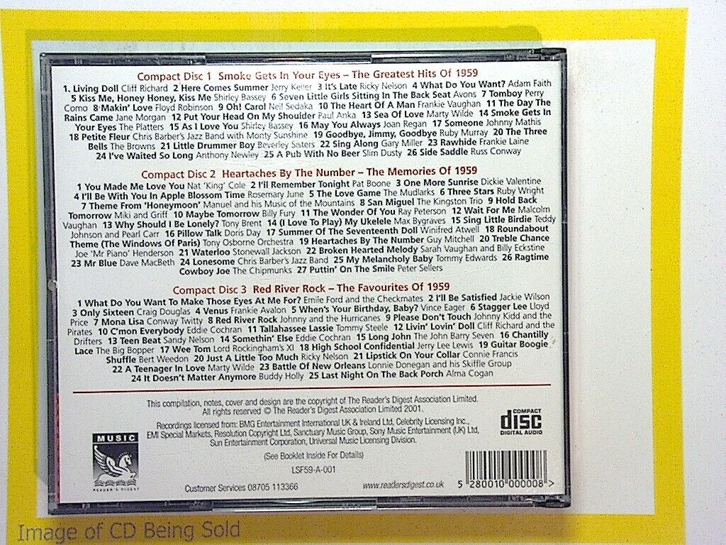 Sounds of the Fifties, Various artists, 1959 music, CD, Reader's Digest, Bookandbeat.com, 50s hits, Rock 'n' roll, Vintage pop, Retro music, Golden oldies, Timeless classics, Doo-wop, Early rock, 1950s rock, Nostalgic, Dance music, Iconic songs, Classic anthems, 50s compilation, 1950s radio hits,