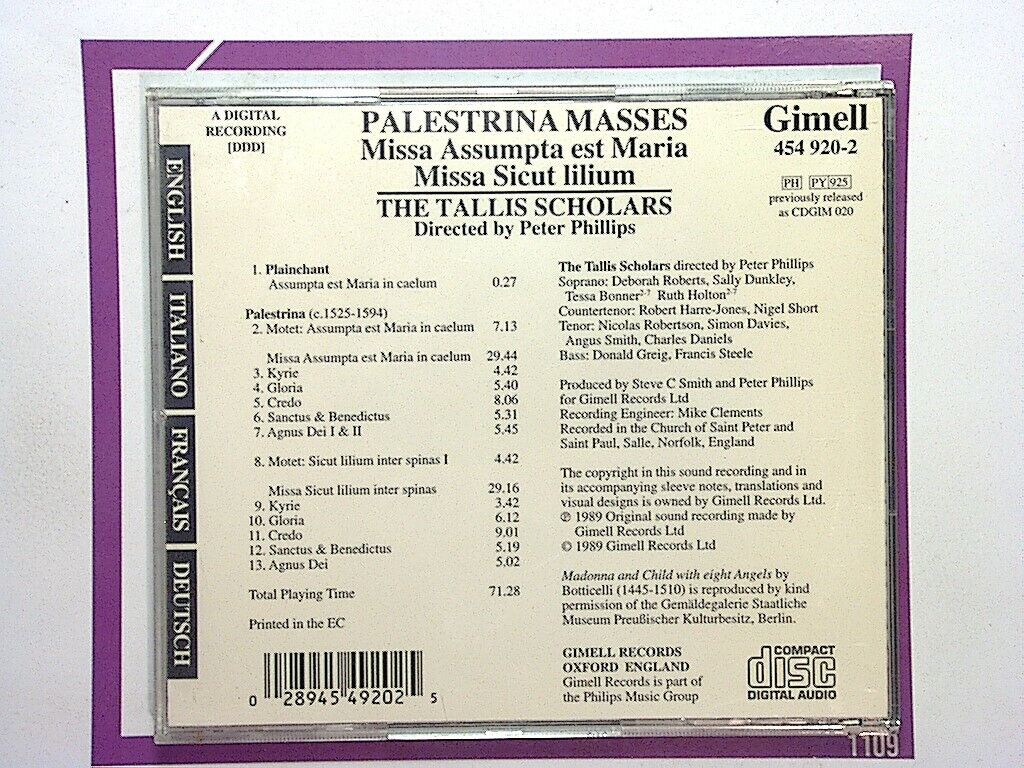 Tallis Scholars	Missa Assumpta Est Maria Peter Phillips Cd Mint