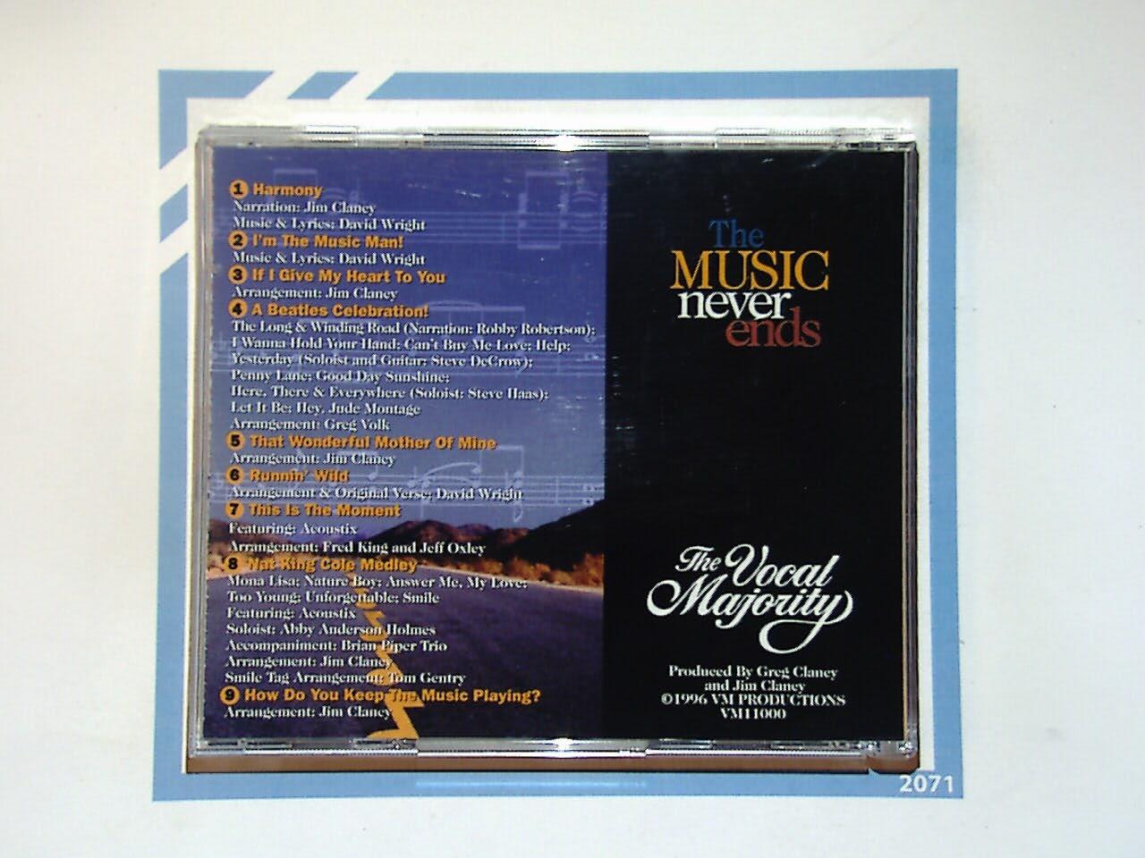 The Vocal Majority, Music Never Ends, CD, Barbershop Chorus, A Cappella, Vocal Group, Choral Music, Harmony, Vocal Ensemble, Classic Songs, Music Album, Collectible, Traditional Barbershop, Choral Arrangement, Vocal Harmony, Male Chorus,