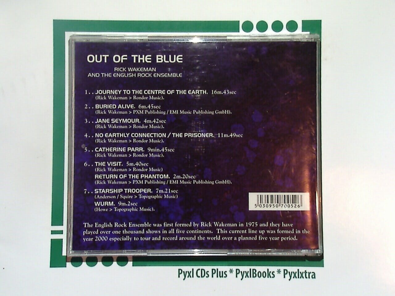 Rick Wakeman, The New English Rock Ensemble, Out of the Blue, CD, Bookandbeat.com, Progressive rock, Symphonic rock, British rock, Keyboard virtuoso, 1990s music, Rock collaboration, Instrumental tracks, Concept album, Melodic rock, Musical exploration, Live performance, Rock ensemble, Classic rock influences, Unique arrangements, Legendary musician, Contemporary rock,