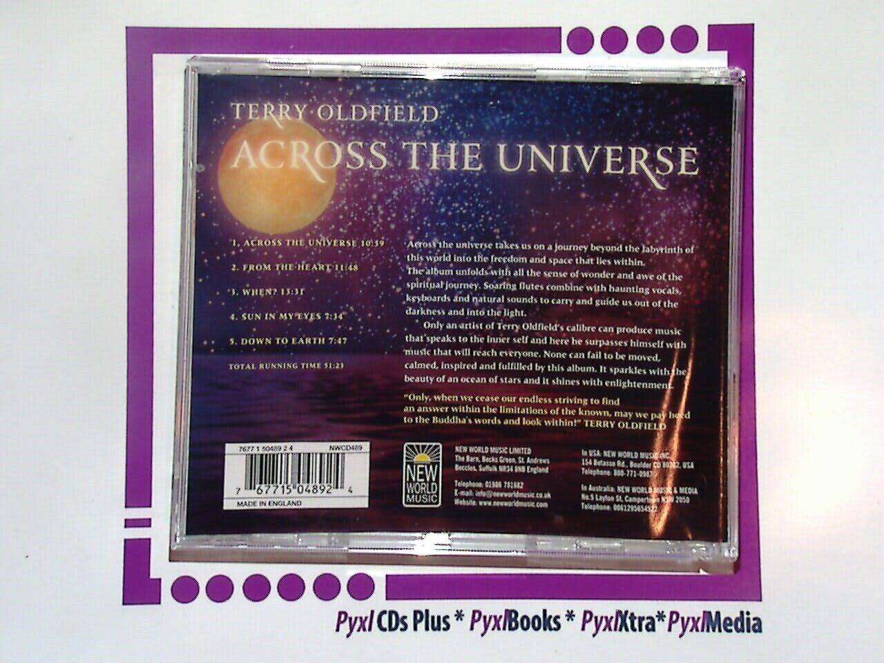 Across the Universe , new CDs, used CDs, new books, used books, online music store, online bookstore, rare CDs, rare books, affordable books, affordable CDs, book lovers, music enthusiasts, collectible CDs, vintage books,DVD,Terry Oldfield, New Age Music, Meditation Music, Tibetan Influences, Flute Music, Relaxing Sounds, Spiritual Journey, Healing Music, Ambient Soundscapes, World Music, Tranquil Melodies, VGC CD, Atmospheric Tunes, Mindfulness Music, Bookandbeat.com,