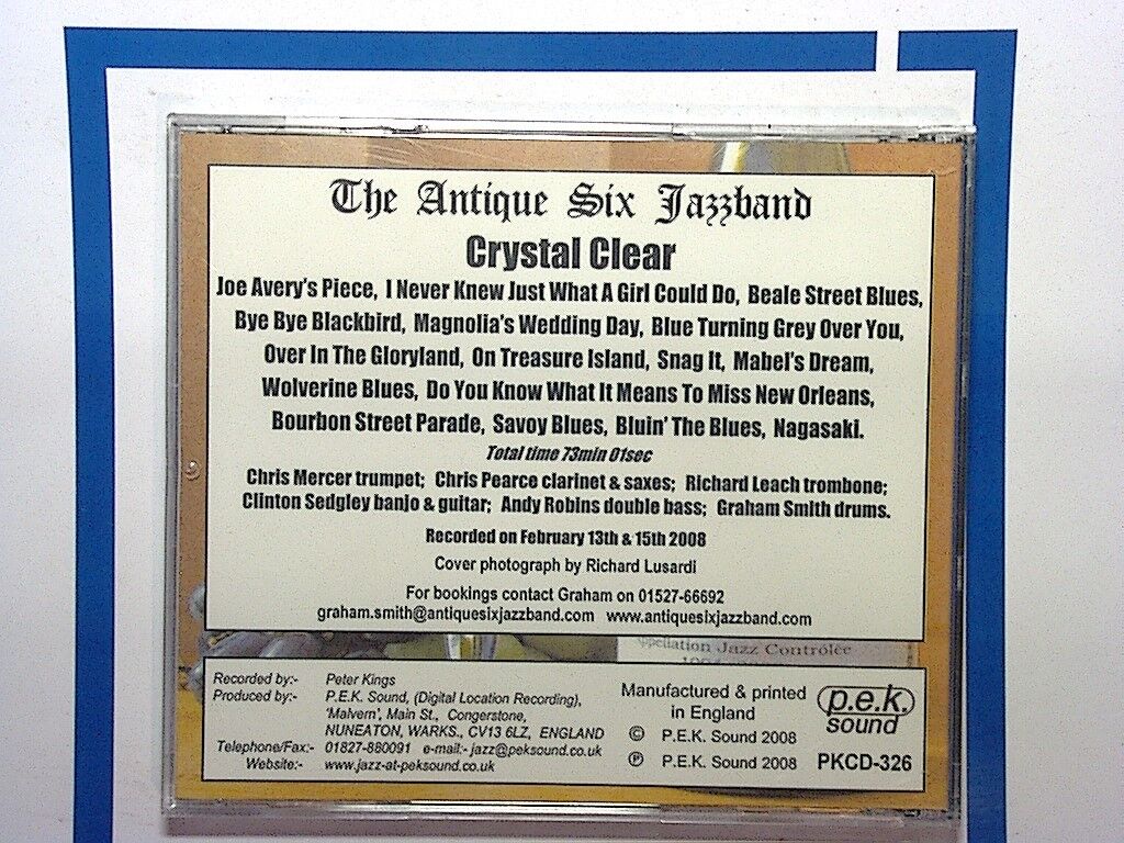 Antique Six Jazz Band, Crystal Clear, Jazz, Traditional jazz, CD, Dixieland, New Orleans jazz, Swing, Bookandbeat.com, Classic jazz, Brass band, Instrumental, Upbeat jazz, Vintage sound, Jazz revival, Jazz band, Smooth, Live jazz, Energetic, Traditional jazz lovers, Timeless jazz tunes,